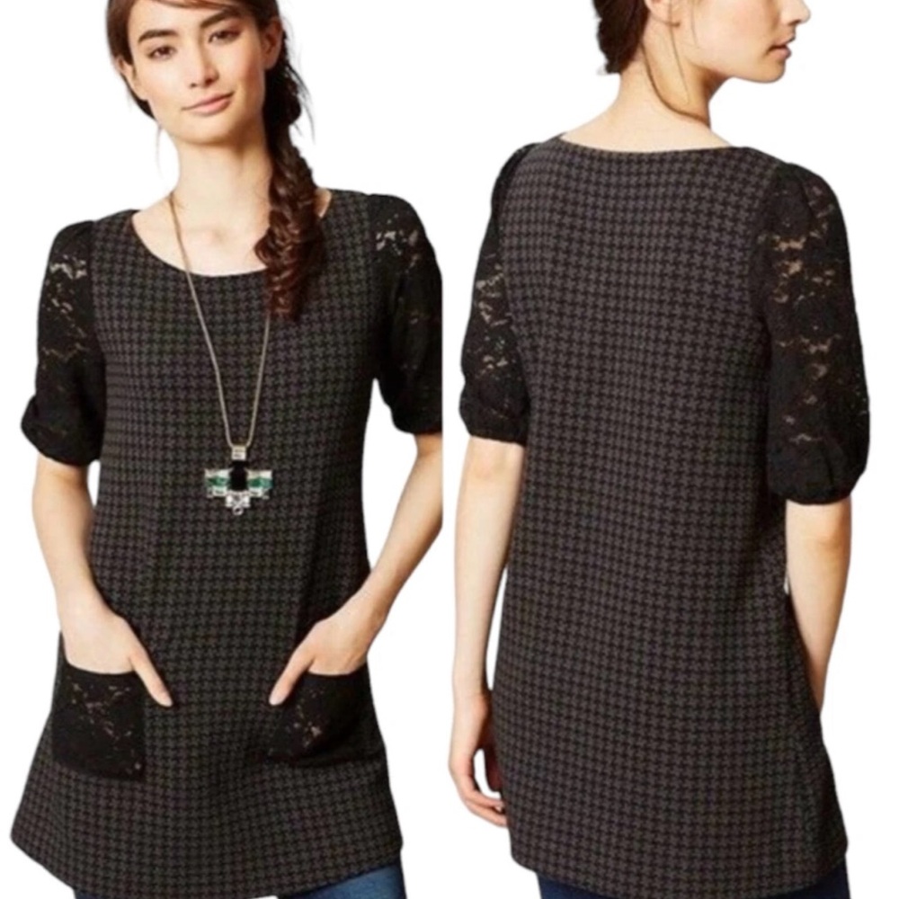 2 FOR $20 Anthropologie 9-H15 STCL Houndstooth Dress Lace Sleeves Gray M $88